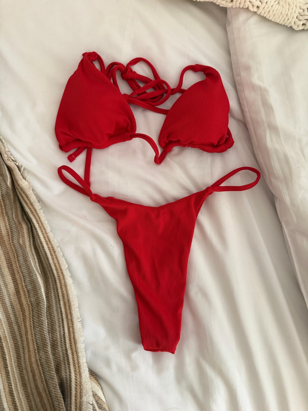 Red Ribbed String Bikini Set